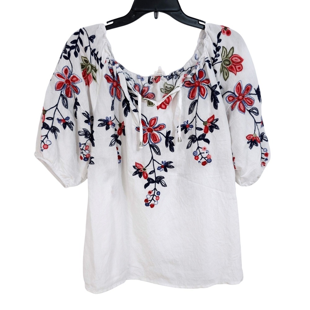 Kindred Floral Embroidered Peasant Blouse Womens 2X White Puff Sleeve Boho Top